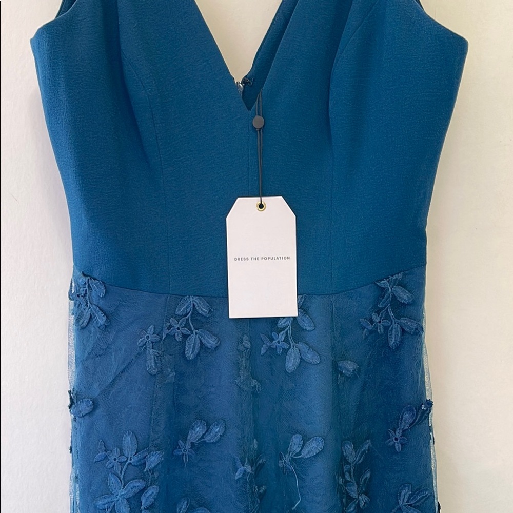 Dress the Population Darleen V-Neck Peacock Blue Embellished Midi Dress - Picture 11 of 13
